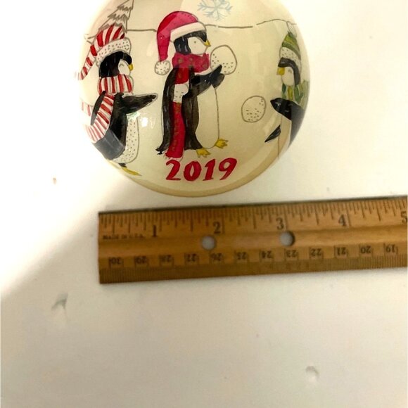 Pier 1 Li Bien 2019 Hand-Painted Glass Ornament with Penguins Snowball Play - Picture 6 of 8